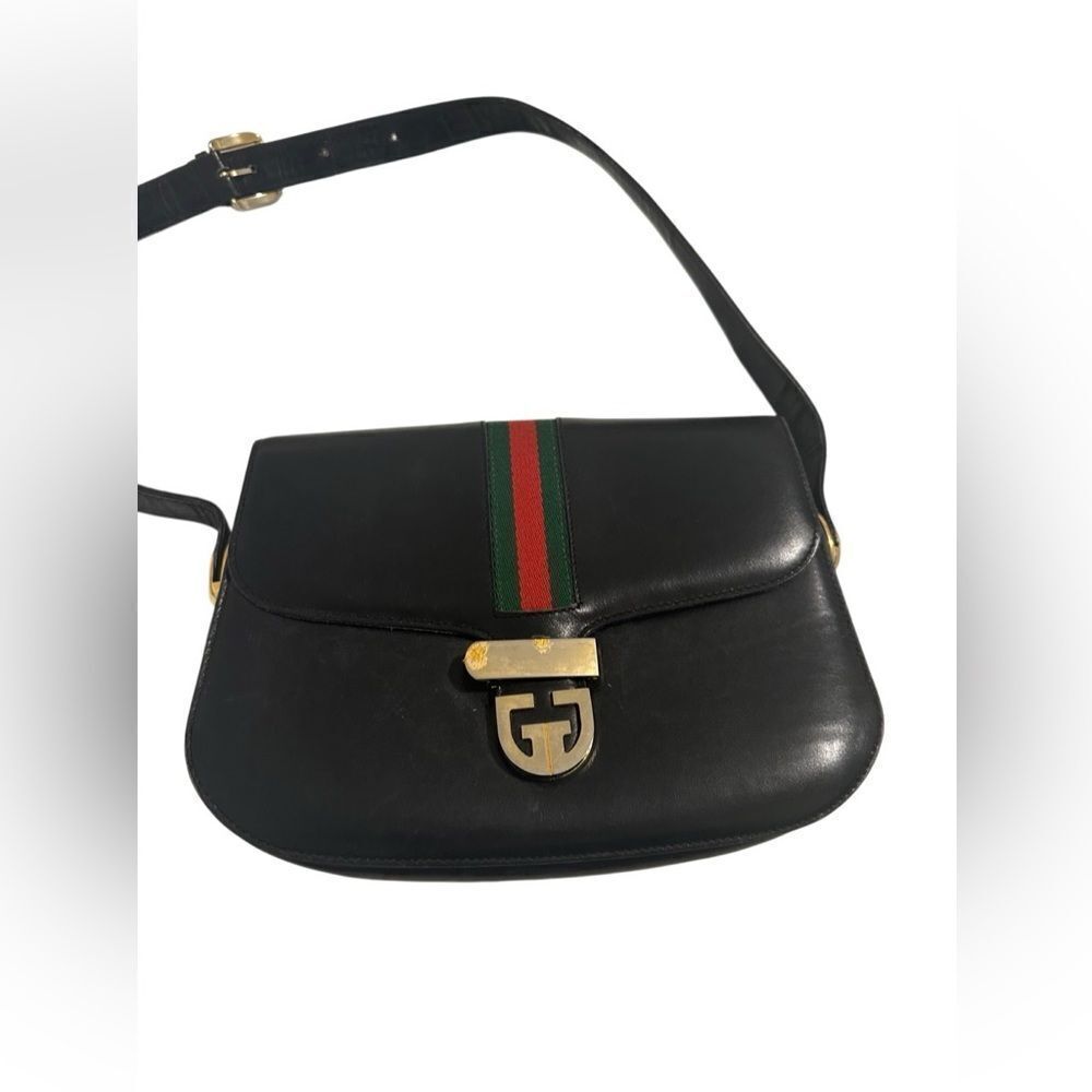 Gucci black leather web accent and gold GG lock shoulder - Picture 4 of 16